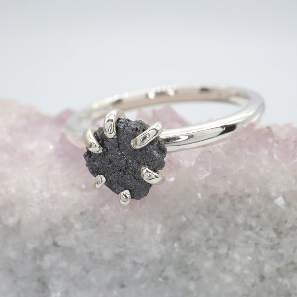 Black uncut raw diamond solitaire rustic white gold ring size L.