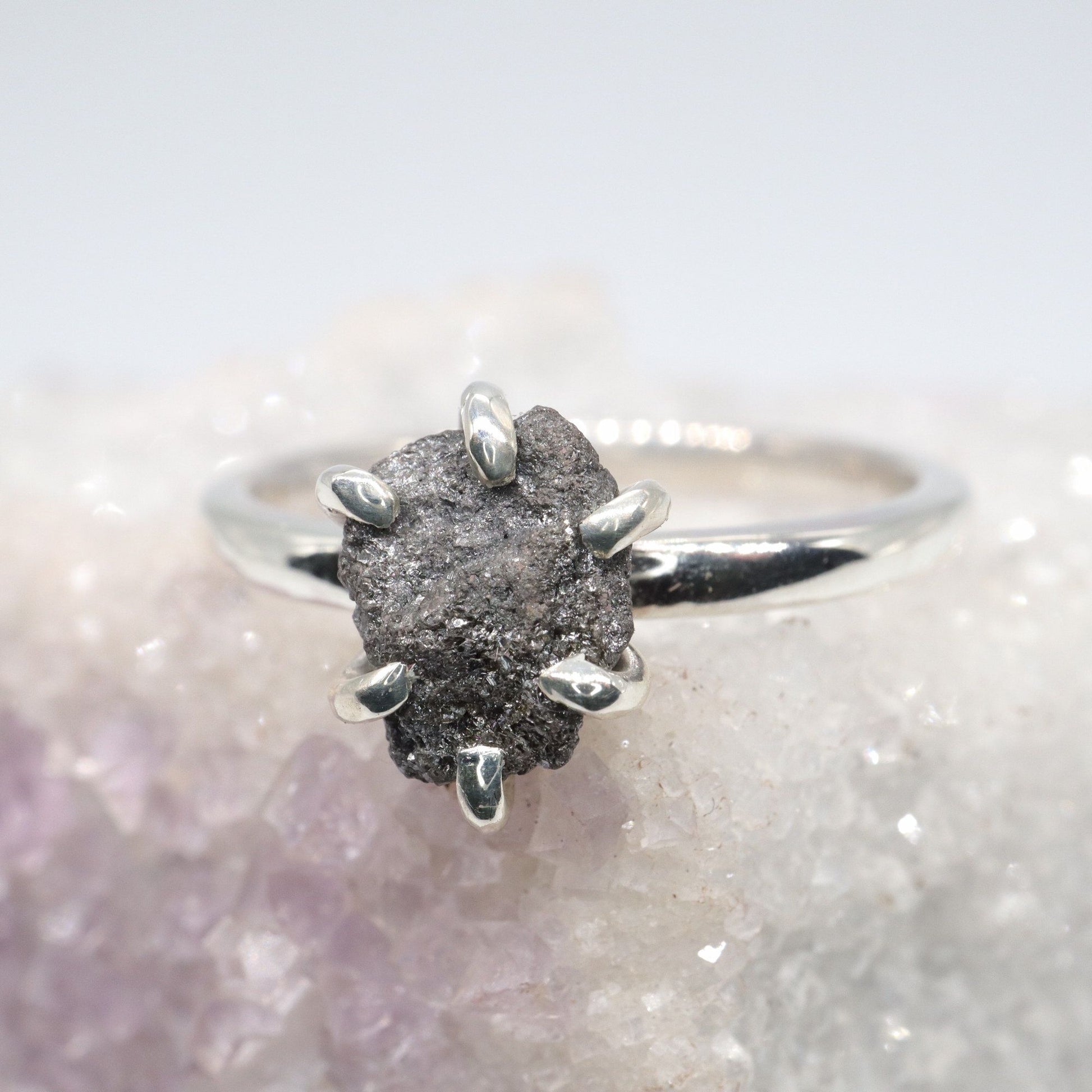 Black uncut raw diamond solitaire rustic ring, (HE27