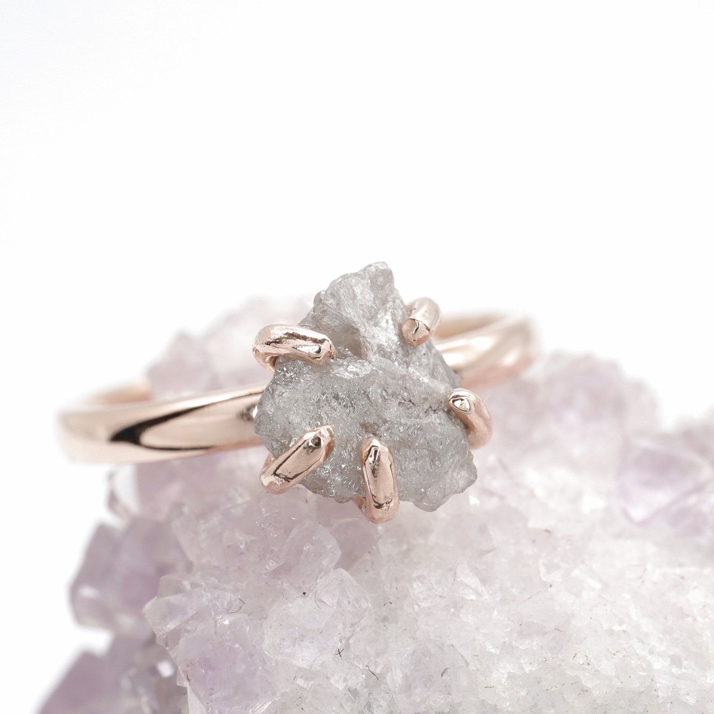 White uncut raw diamond solitaire rustic rose gold one carat handmade ring.