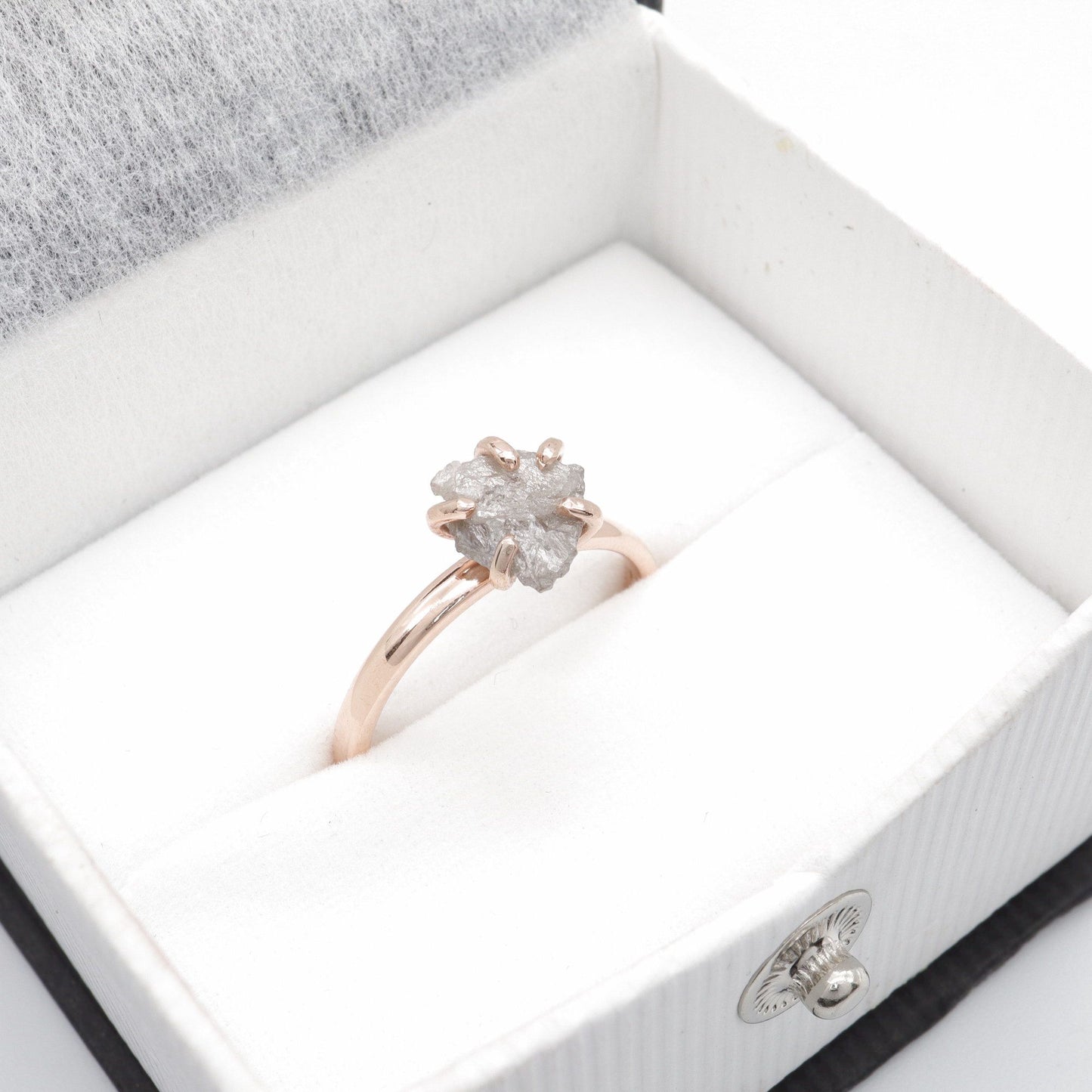 White uncut raw diamond solitaire rustic rose gold one carat handmade ring.