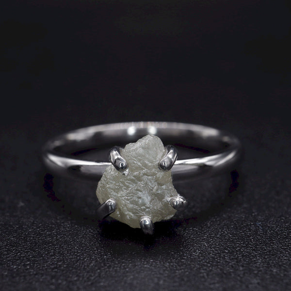 White uncut raw diamond solitaire rustic white gold ring.