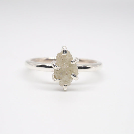 White uncut raw diamond solitaire rustic ring, 0.78ct.