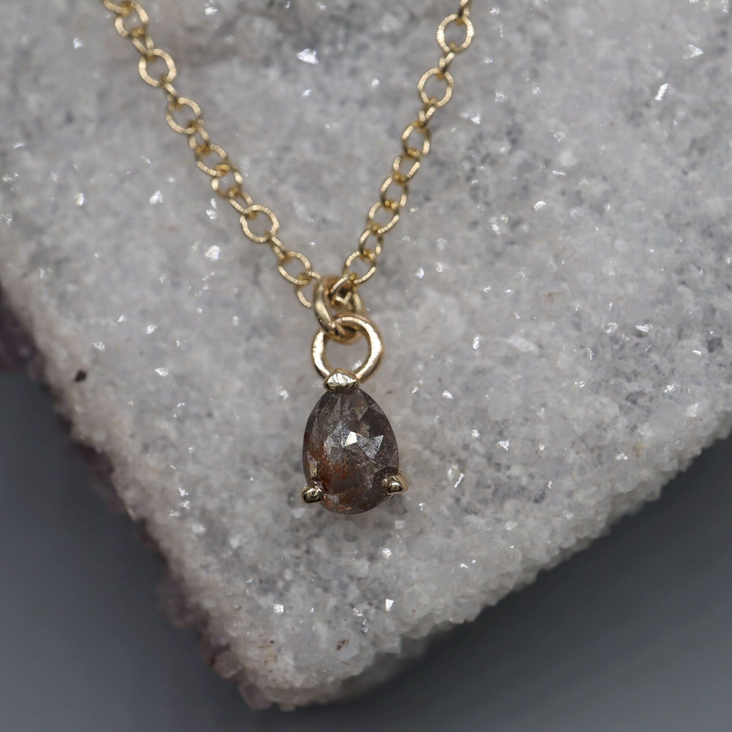 Salt and Pepper pear shaped diamond pendant in yellow gold with chain