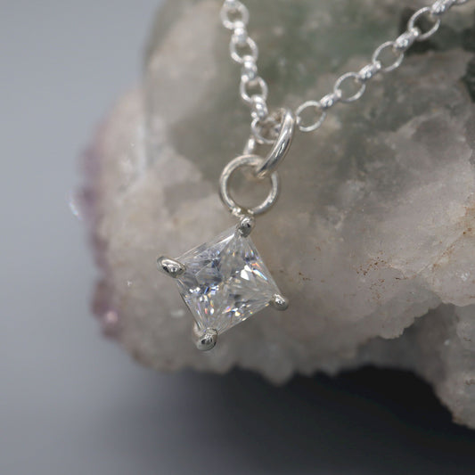 Moissanite large square stone pendant, classic claw set drop style