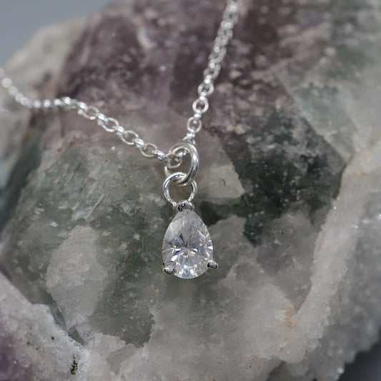 Moissanite large pear shaped stone pendant, classic claw set drop style