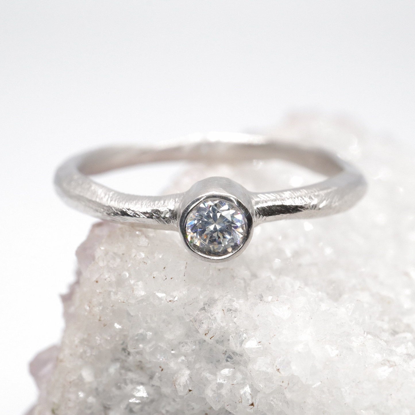 Solitaire 0.25ct diamond white gold minimalist narrow ring, Beach Sand design.