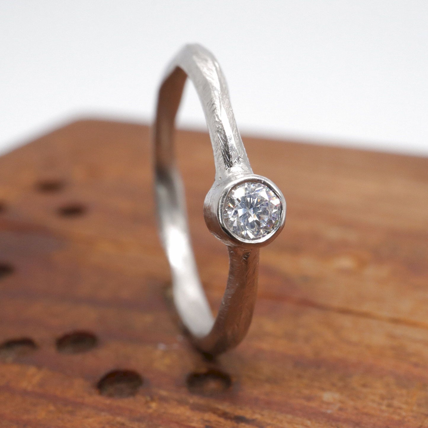 Solitaire diamond white gold minimalist narrow ring, Beach Sand design