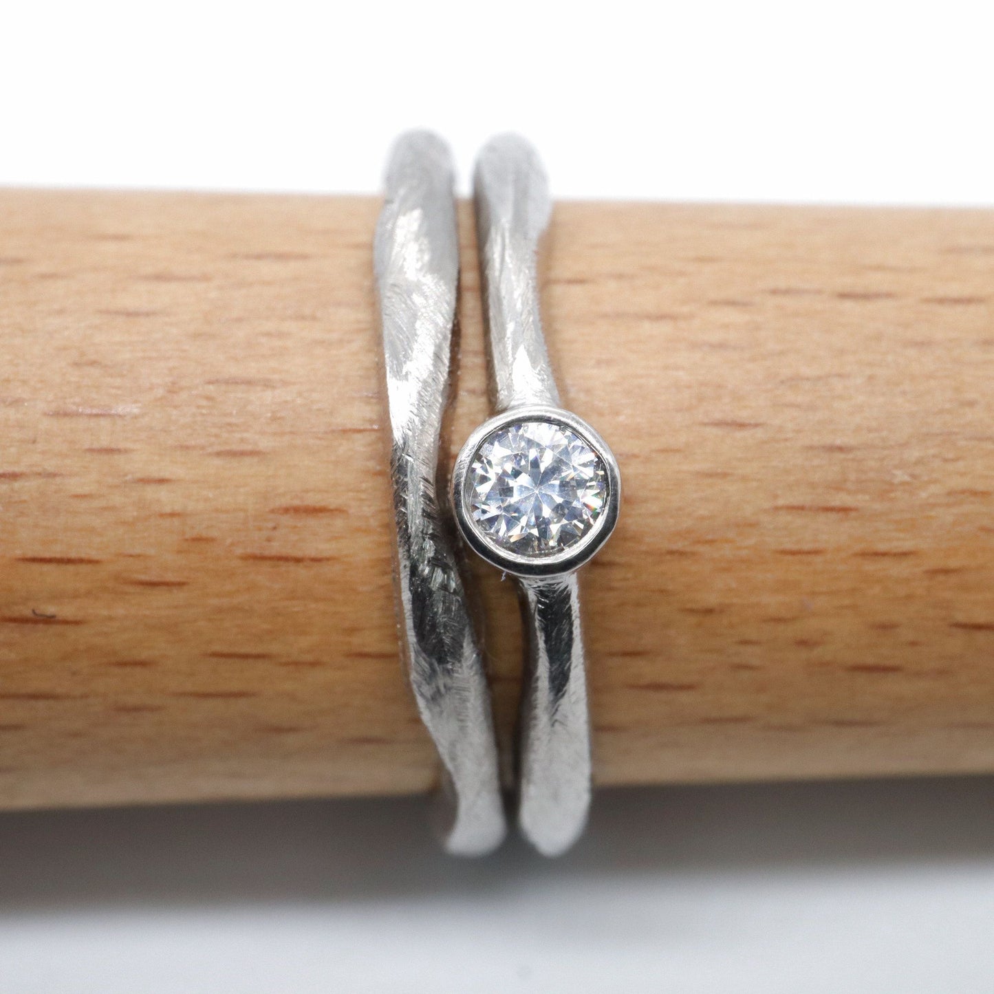 Diamond bridal set, white gold minimalist narrow rings, Beach Sand design