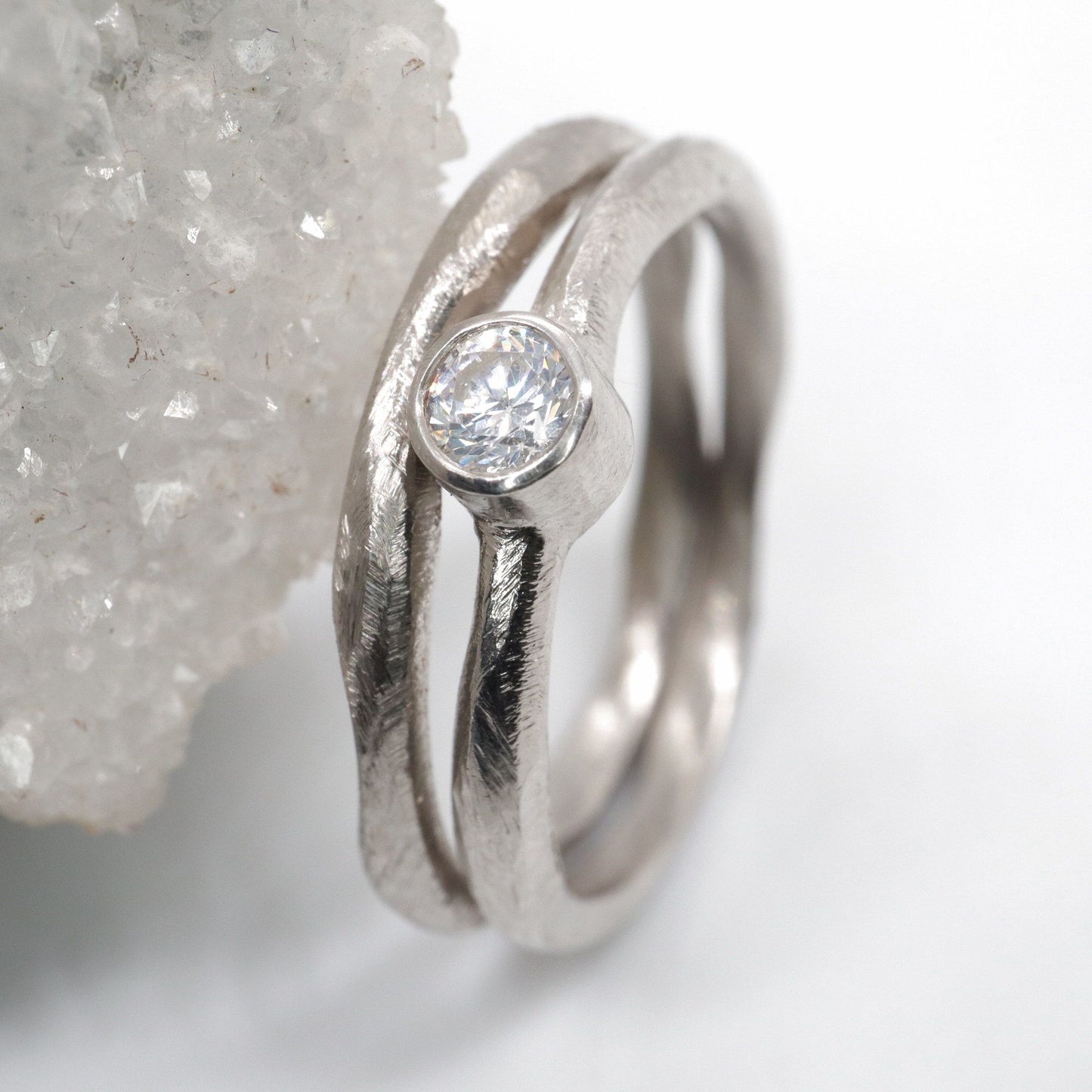 Diamond bridal set, white gold minimalist narrow rings, Beach Sand design