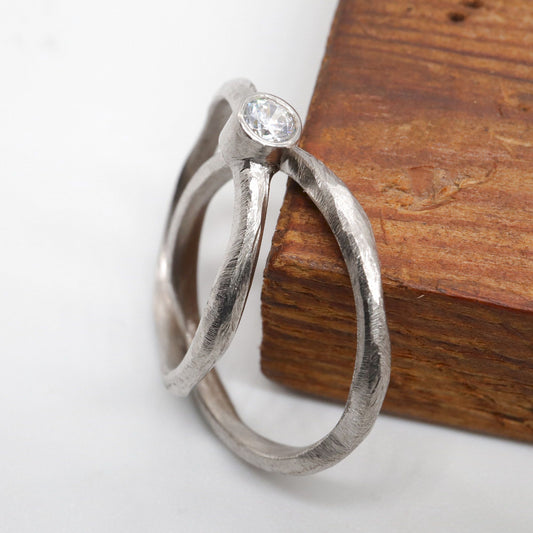 Diamond bridal set, silver minimalist narrow rings, Beach Sand design
