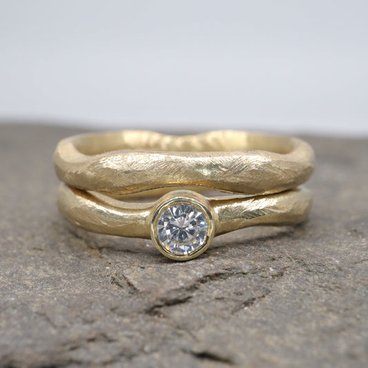 Yellow gold diamond bridal set, larger 3mm rings, Beach Sand design