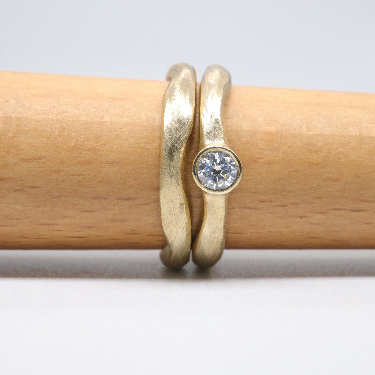 Yellow gold diamond bridal set, larger 3mm rings, Beach Sand design