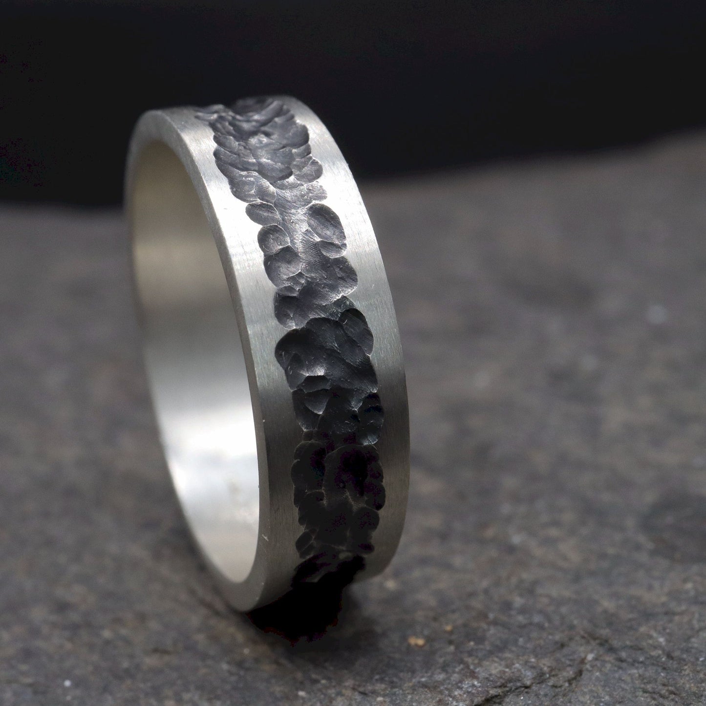 Mens wedding, promise or engagement ring with a carved out pattern, Cat Bells design.