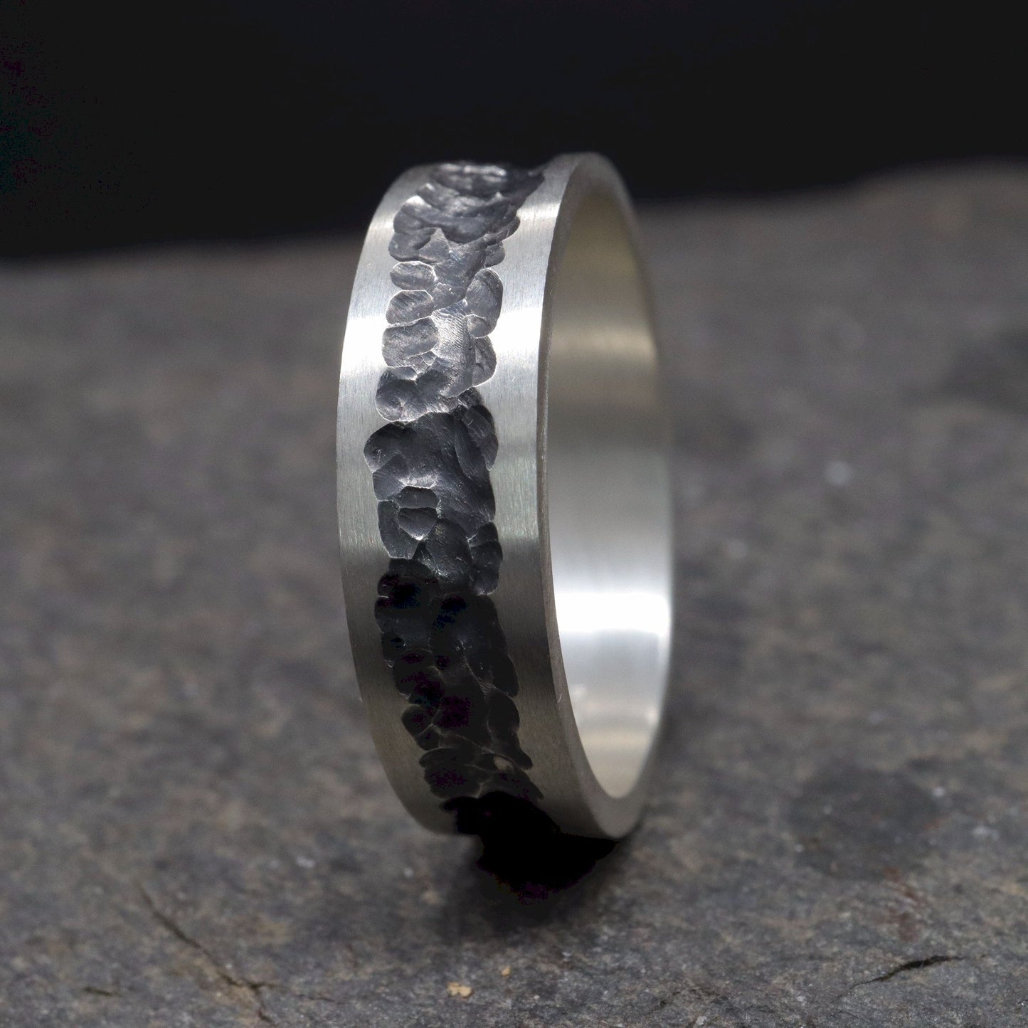 Mens wedding, promise or engagement ring with a carved out pattern, Cat Bells design.