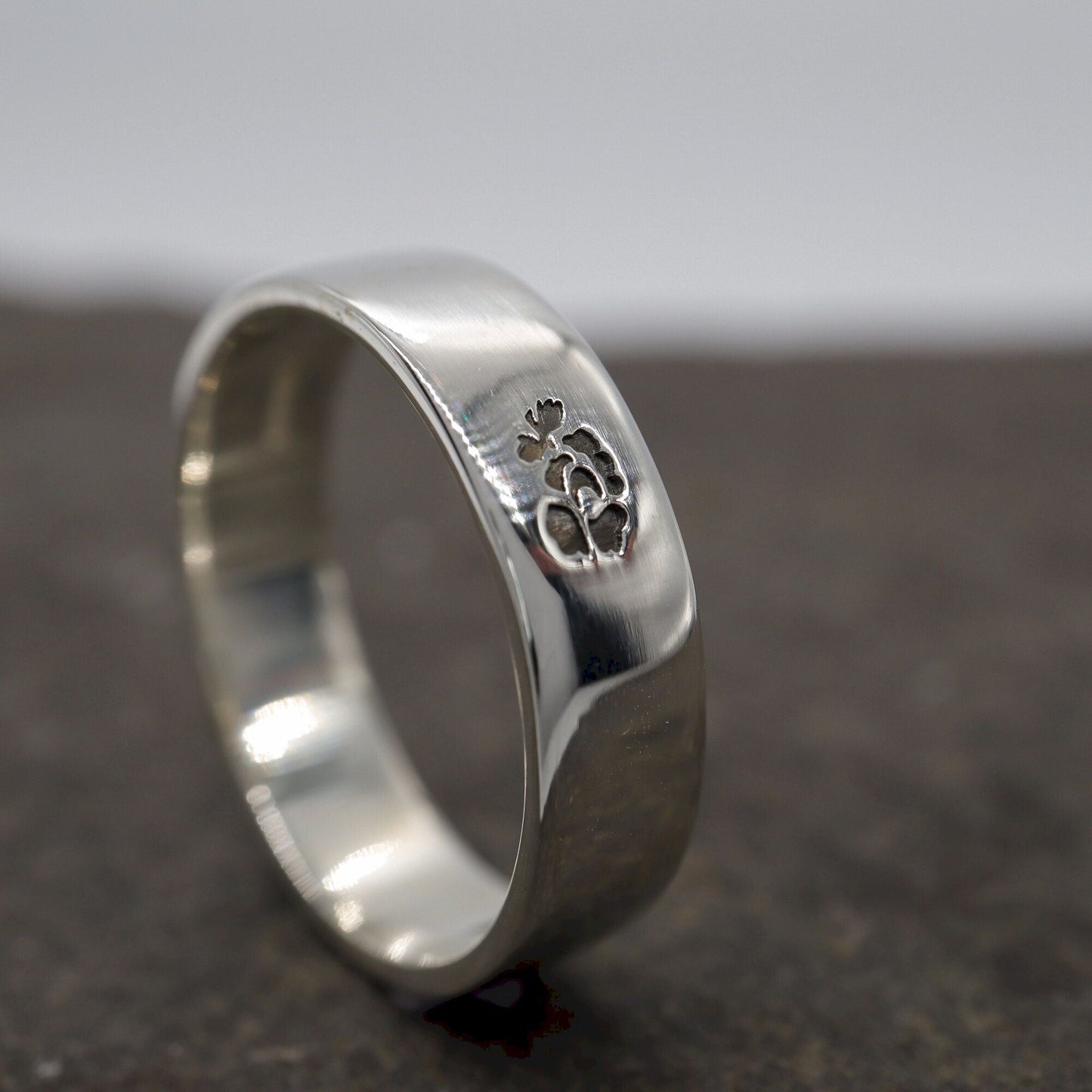 Silver flat wedding ring 5mm to 6mm English Rose band.