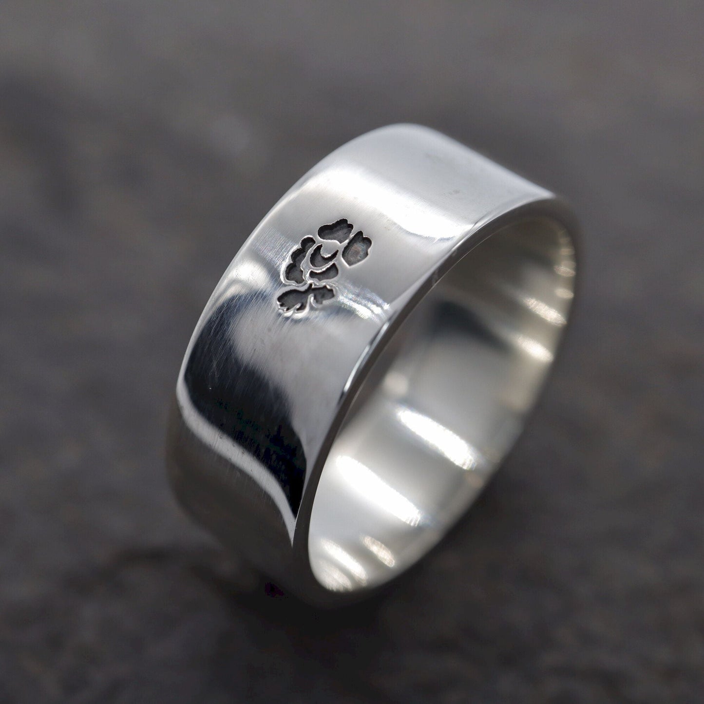 Silver flat wedding ring 8mm English Rose wide mens band.