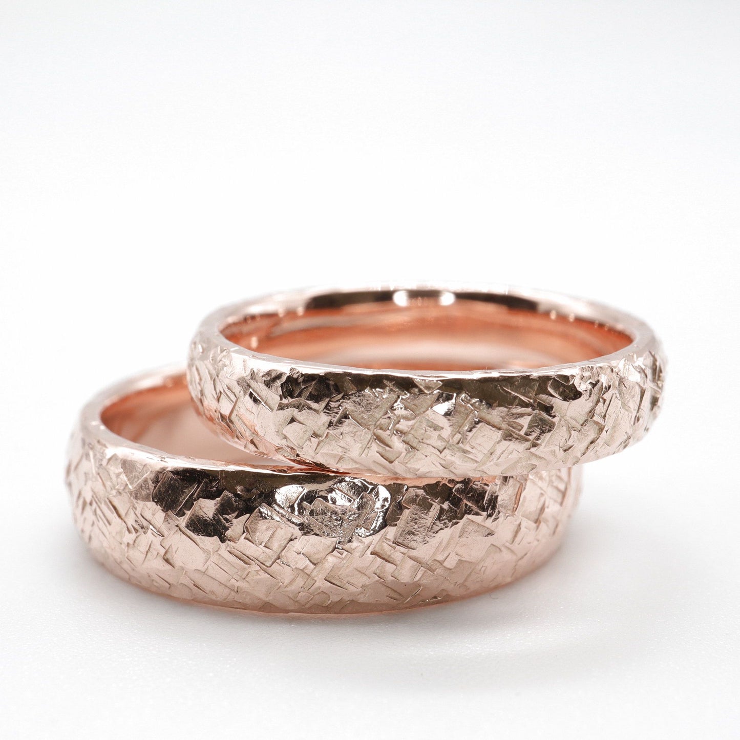 Fire gold design matching wedding ring set - court hammered men and womens rings.