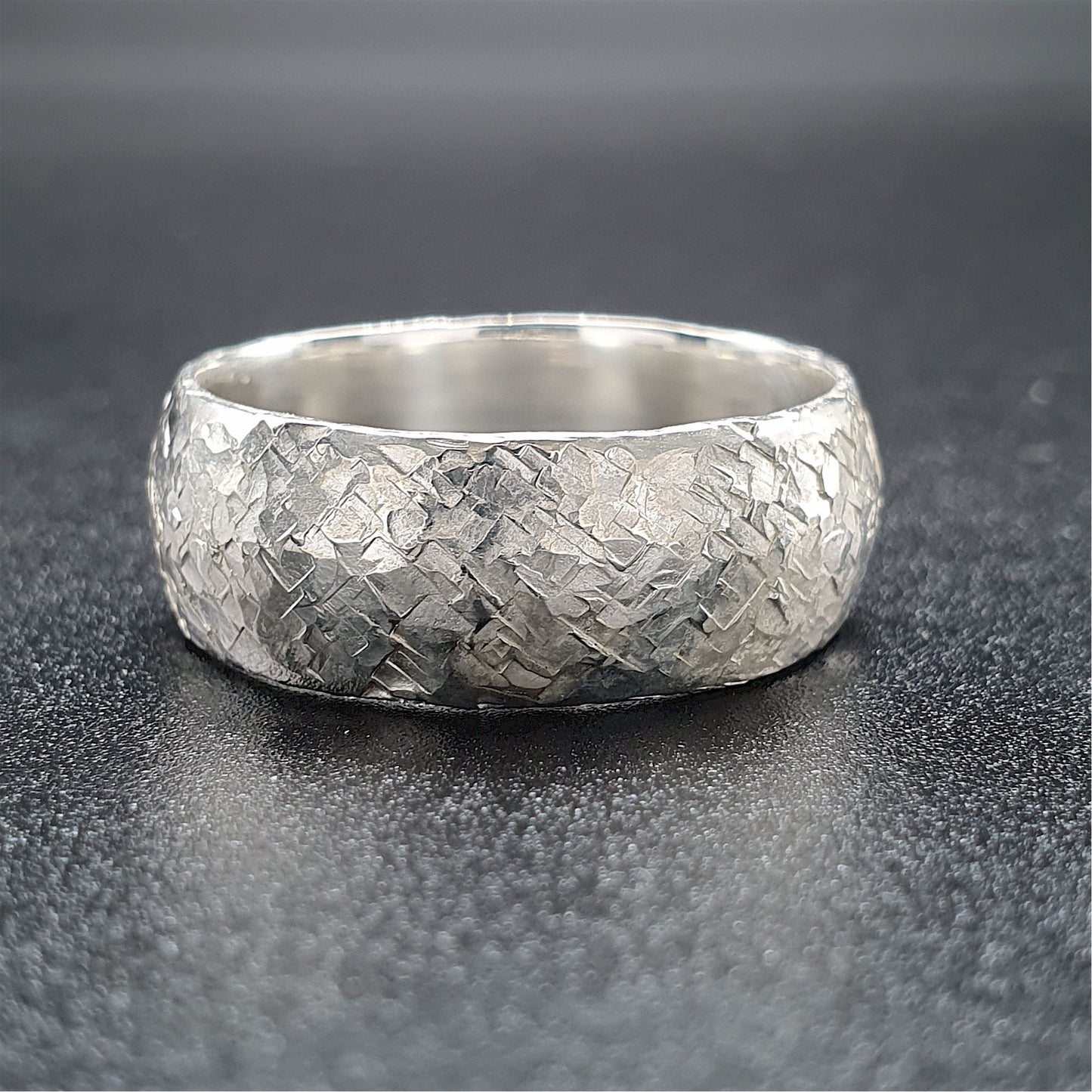 Fire matching silver hammered wedding ring set