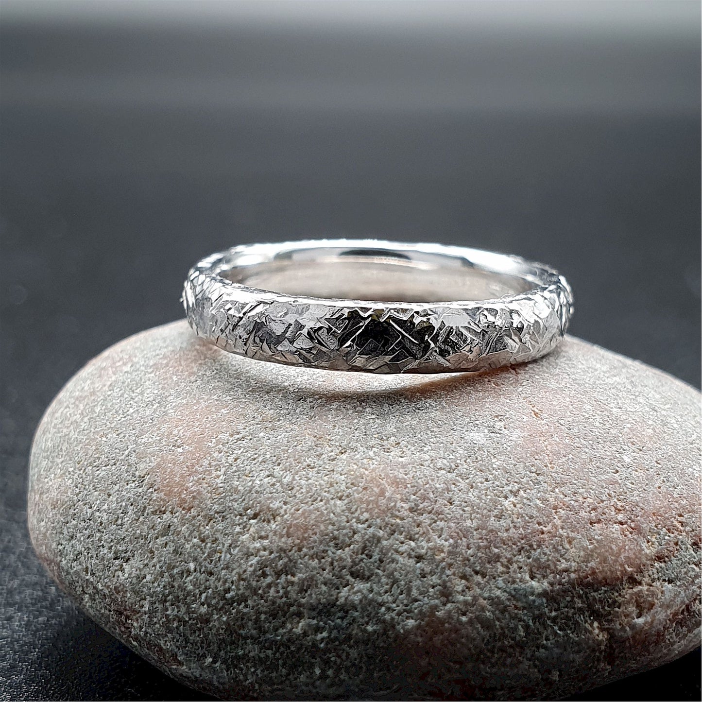 Fire matching silver hammered wedding ring set