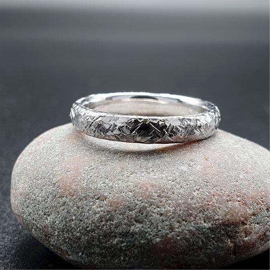 Fire matching silver hammered wedding ring set