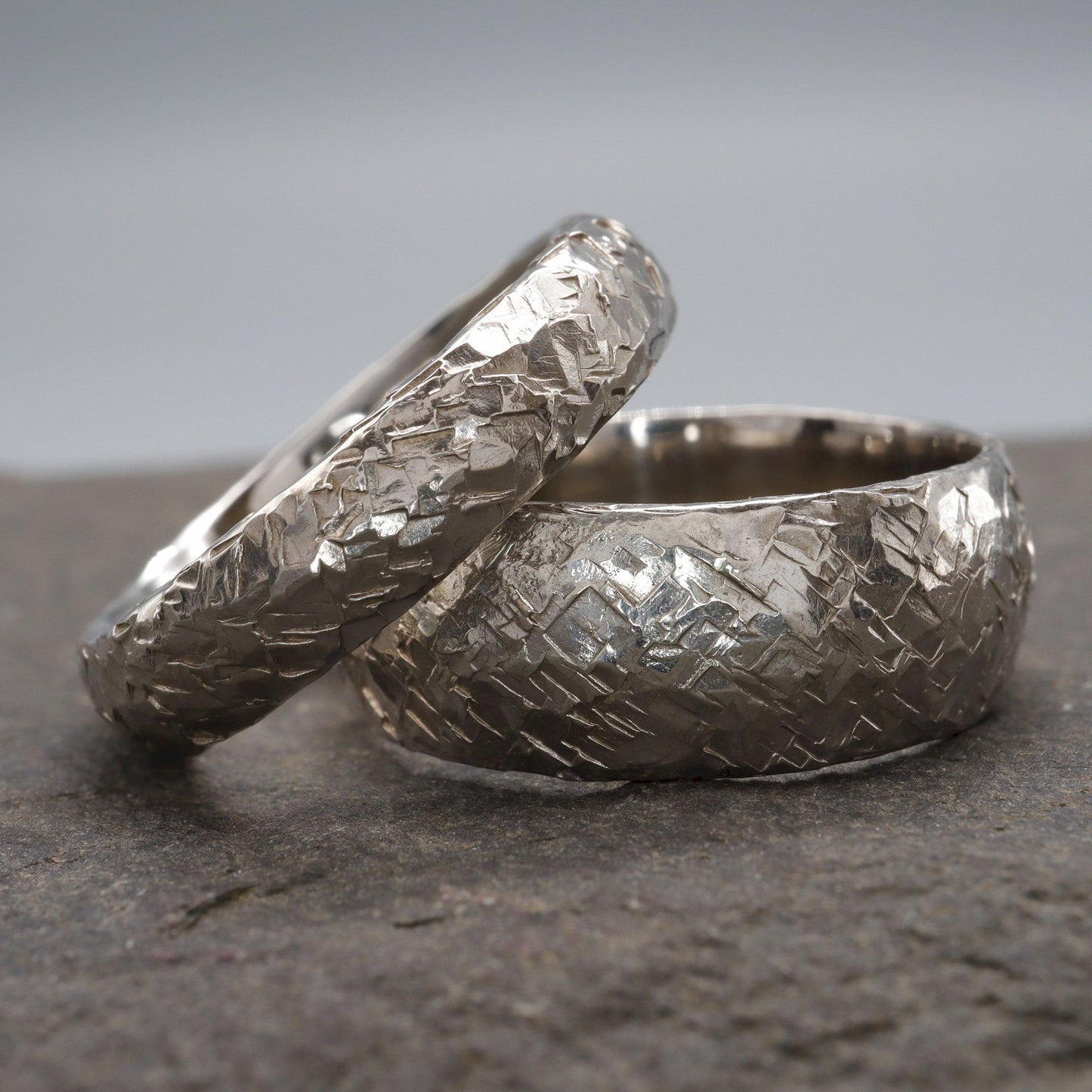Fire matching silver hammered wedding ring set