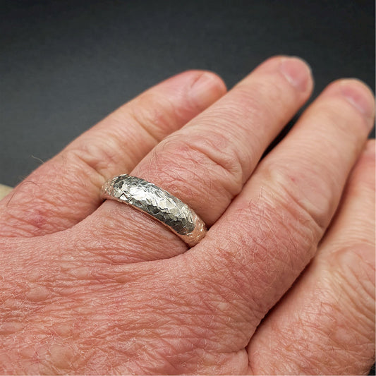 Fire gold design matching wedding ring set - court hammered men and womens rings.