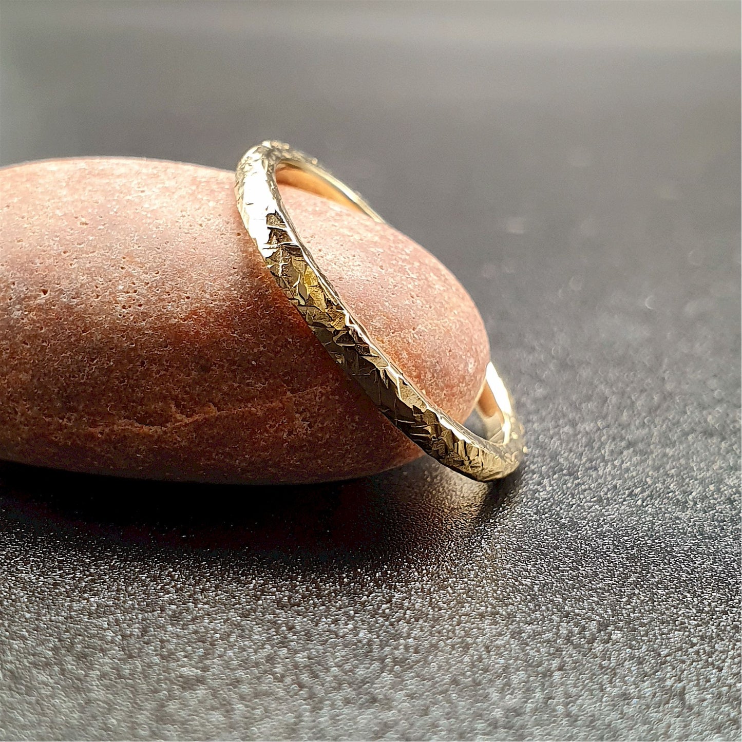 Fire gold design matching wedding ring set - court hammered men and womens rings.