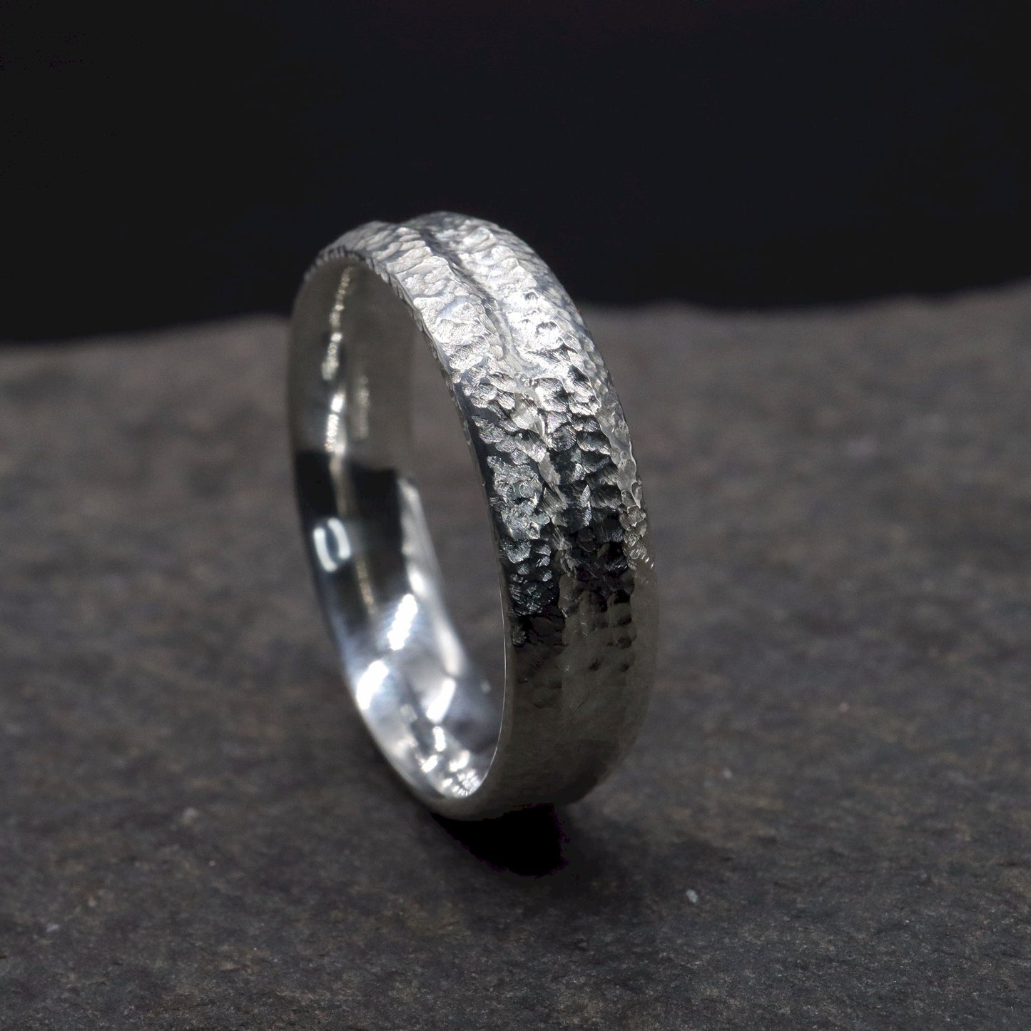White gold wide wedding ring with a carved rustic pattern, Fleetwith Pike design.