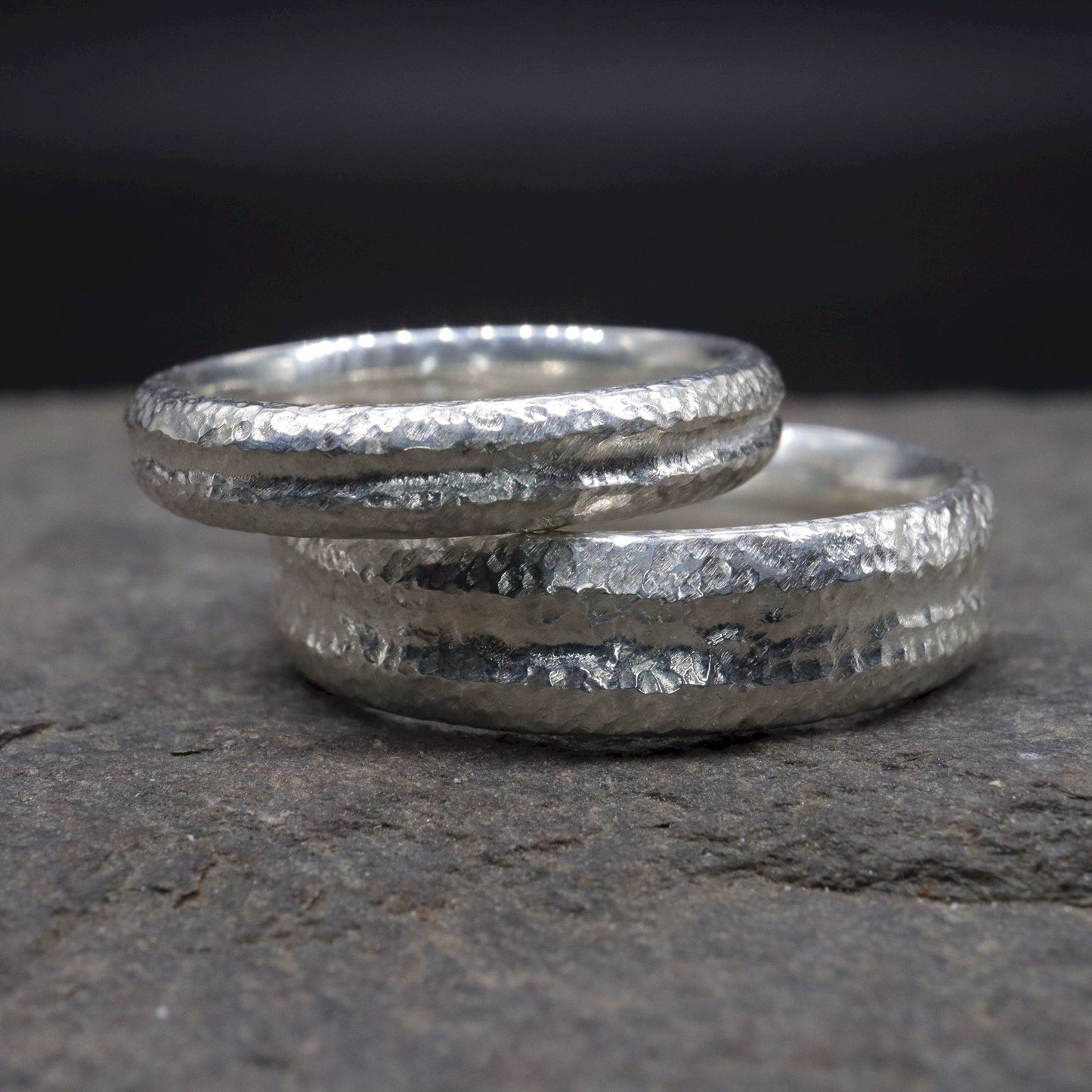 Fleetwith Pike white gold matching wedding ring set - rustic carved textured band - original men`s and women`s design - 4mm and 6mm.