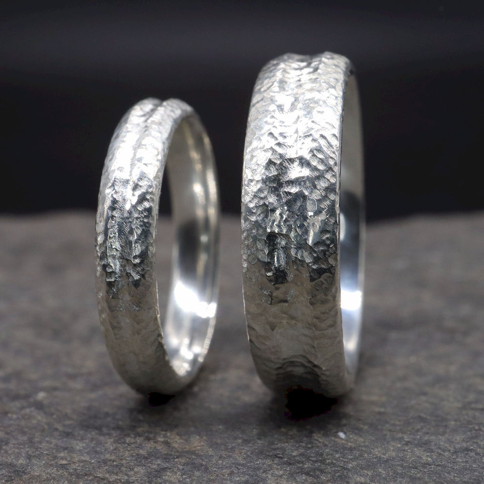 Fleetwith Pike white gold matching wedding ring set - rustic carved te ...