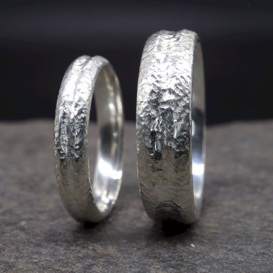 Fleetwith Pike silver matching wedding ring set - rustic carved textured band - original men`s and women`s design - 4mm and 6mm.