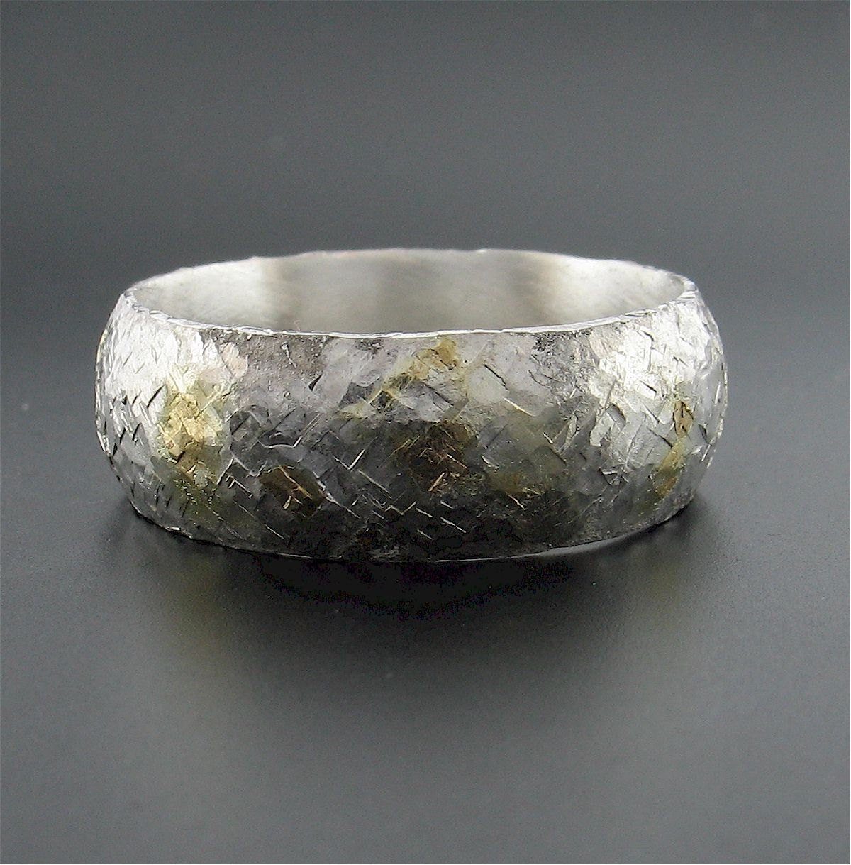 Silver and gold Morning View 8mm court wedding ring with rustic hammered surface. Original design handmade band for a man - Cumbrian Designs