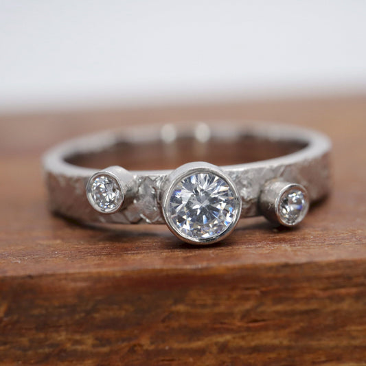 Trilogy diamond ring, Kendal white gold three stone rustic design