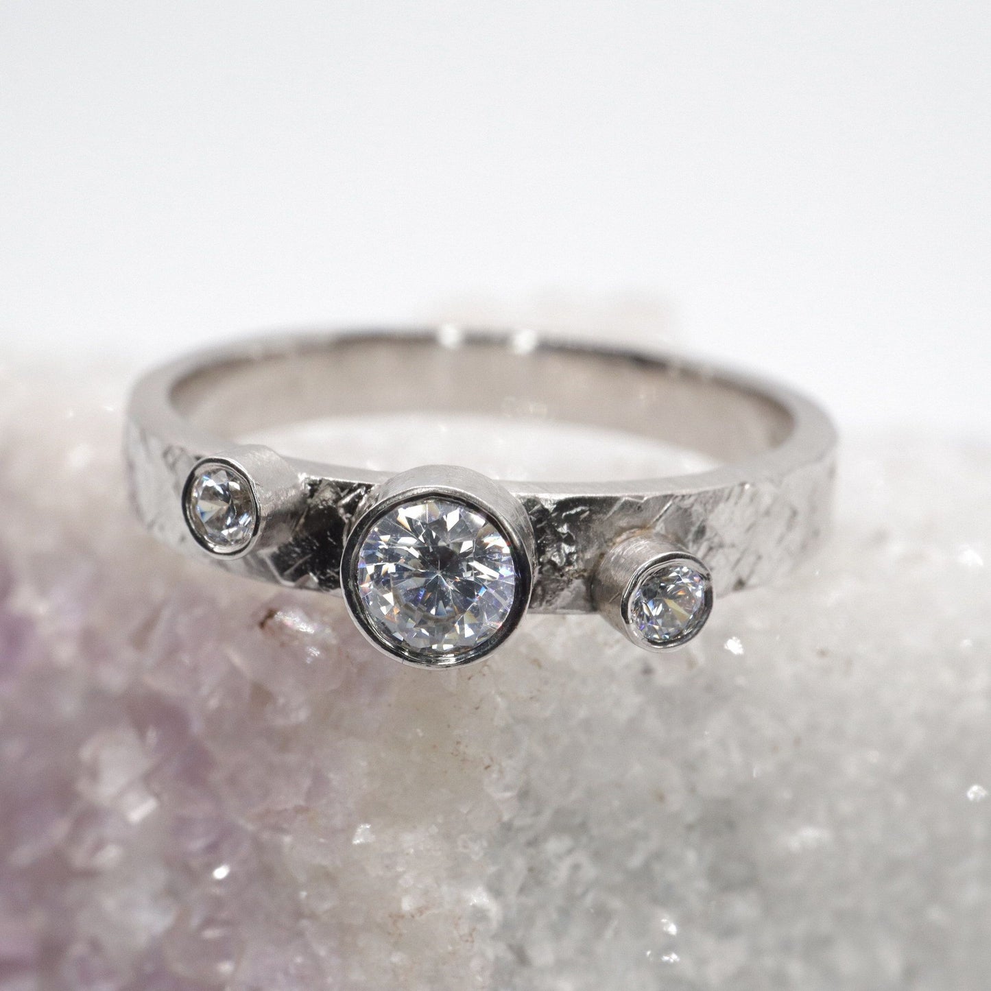 Trilogy diamond ring, Kendal white gold three stone rustic design