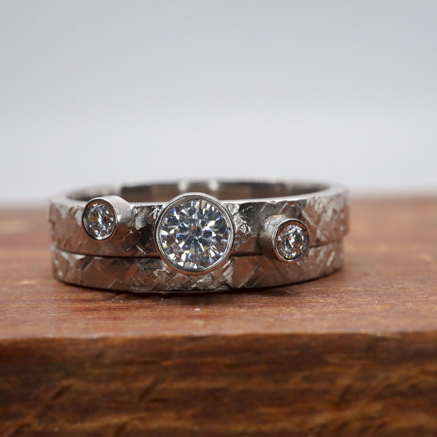 Trilogy diamond bridal set, Kendal white gold three stone rustic design ring and matching 2mm band.