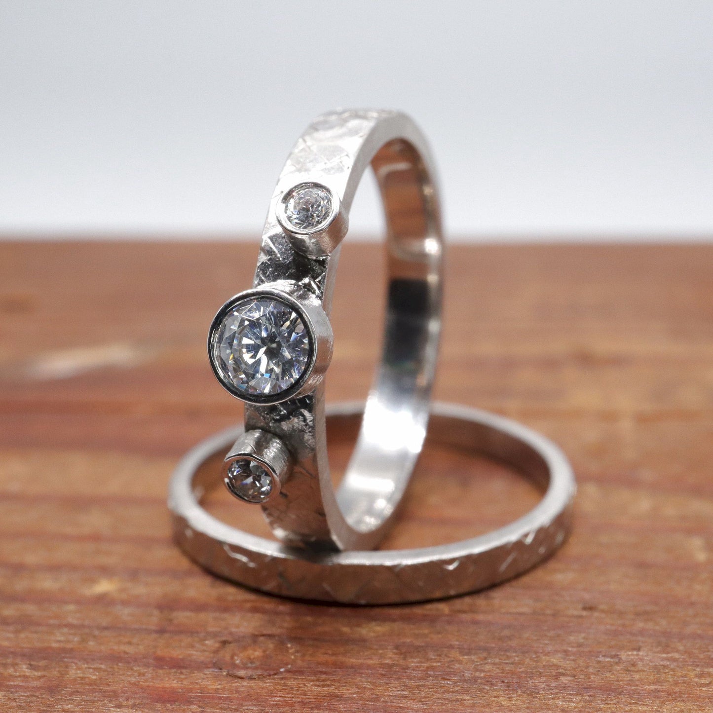 Trilogy diamond bridal set, Kendal white gold three stone rustic design ring and matching 2mm band.
