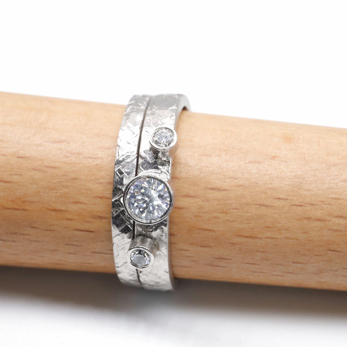 Trilogy diamond bridal set, Kendal white gold three stone rustic design ring and matching 2mm band.