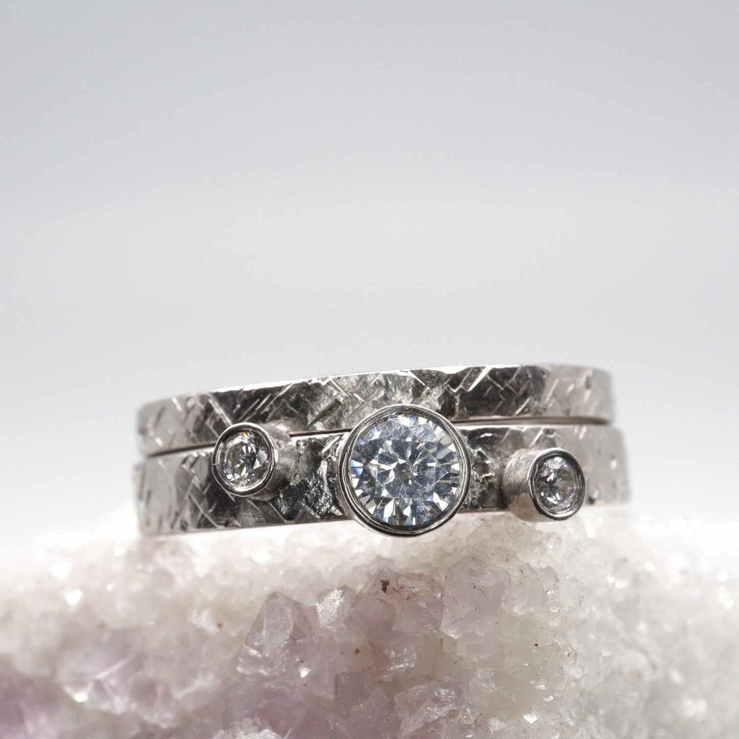 Trilogy diamond bridal set, Kendal white gold three stone rustic design ring and matching 2mm band.