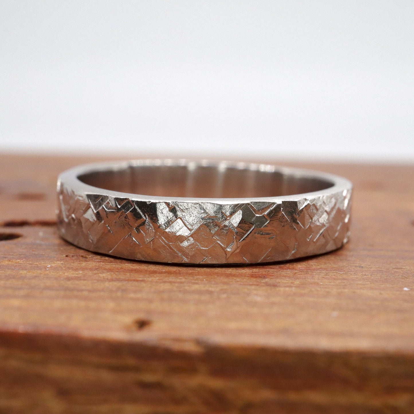 Narrow wedding ring, white gold Kendal design rustic hammered style for a woman or man