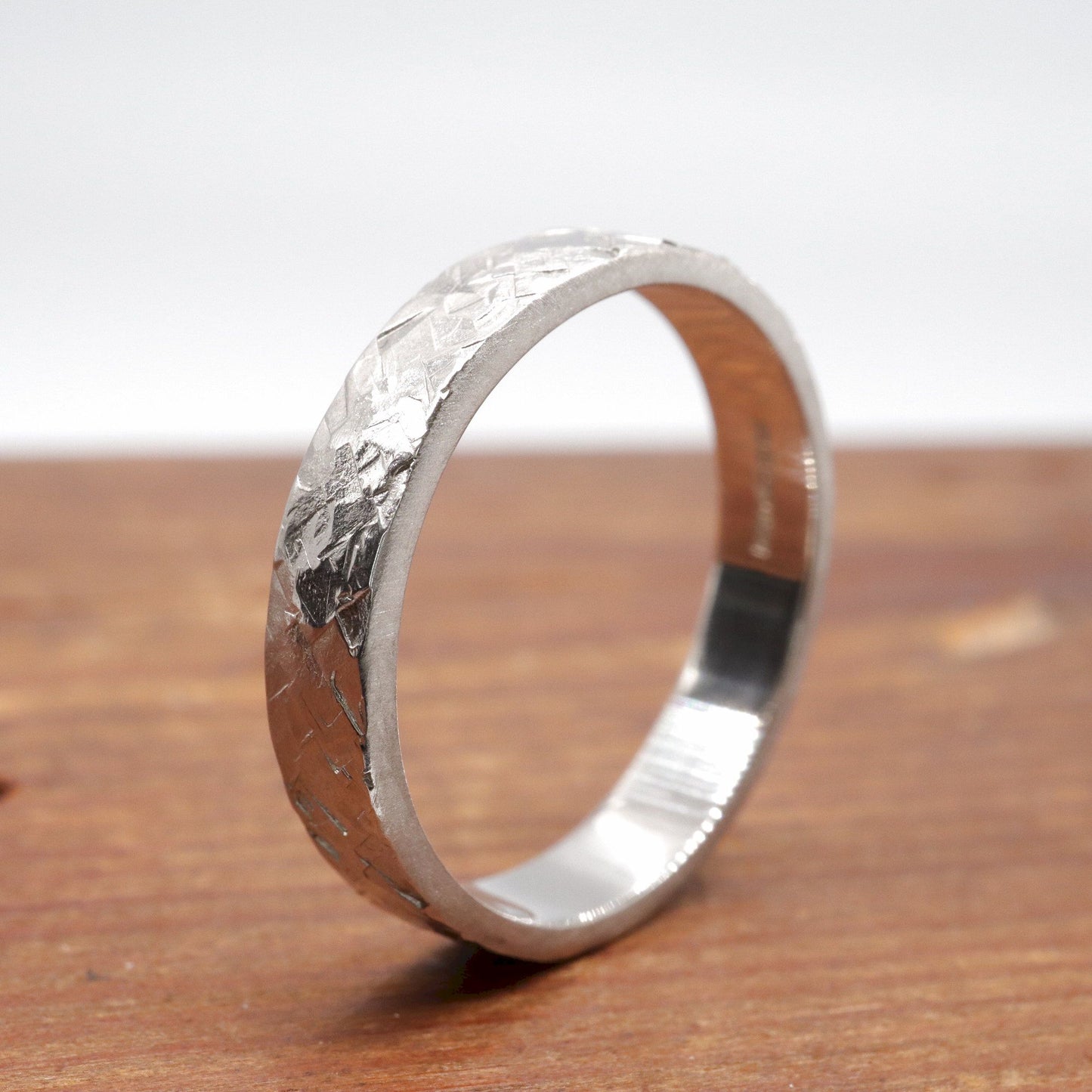 Narrow wedding ring, white gold Kendal design rustic hammered style for a woman or man