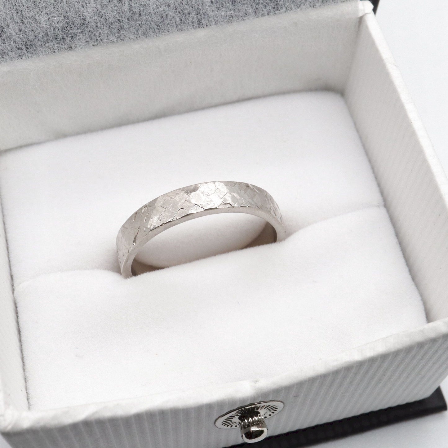 Narrow wedding ring, white gold Kendal design rustic hammered style for a woman or man