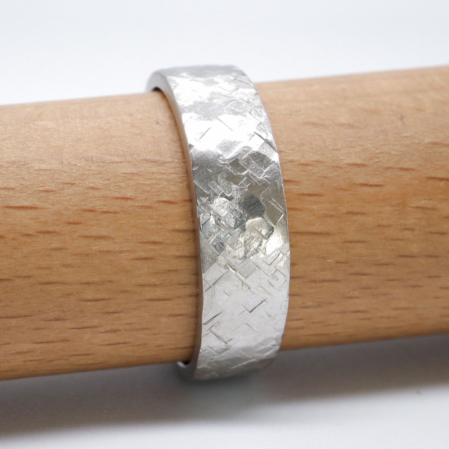 Broad white gold wedding ring, Kendal flat rustic hammered design