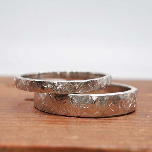 Matching Kendal Rustic Hammered 2mm and 4mm wedding ring set - flat textured white gold men and womens design.