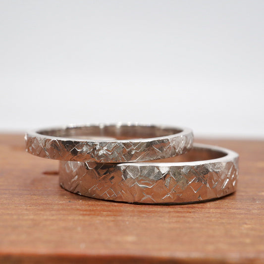 Matching Kendal gold design rustic hammered wedding ring set - flat textured men and womens rings.