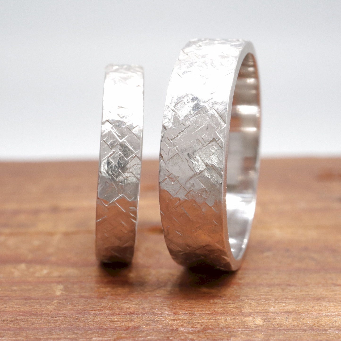 Matching Kendal design rustic hammered silver wedding ring set - flat textured 4mm and 6mm men and womens rings.