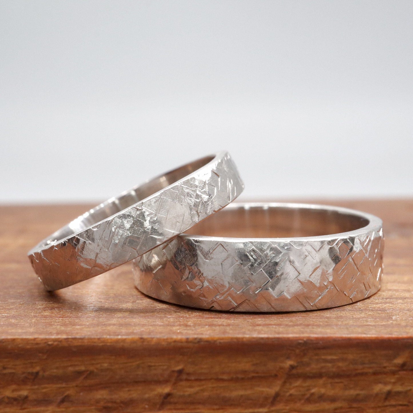 Matching Kendal design rustic hammered silver wedding ring set - flat textured 4mm and 6mm men and womens rings.