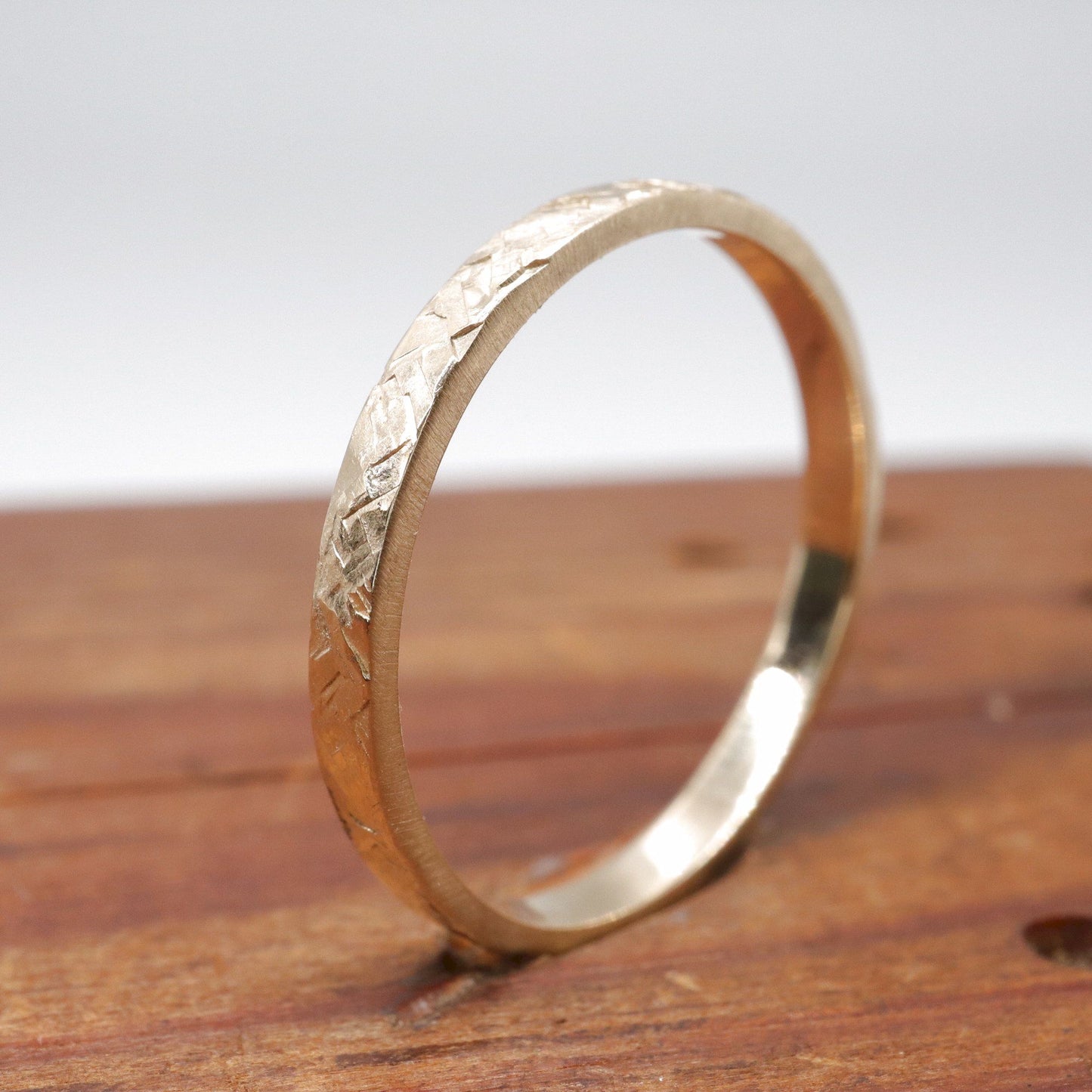 Narrow fine wedding ring, yellow gold Kendal design rustic hammered style for a woman or man