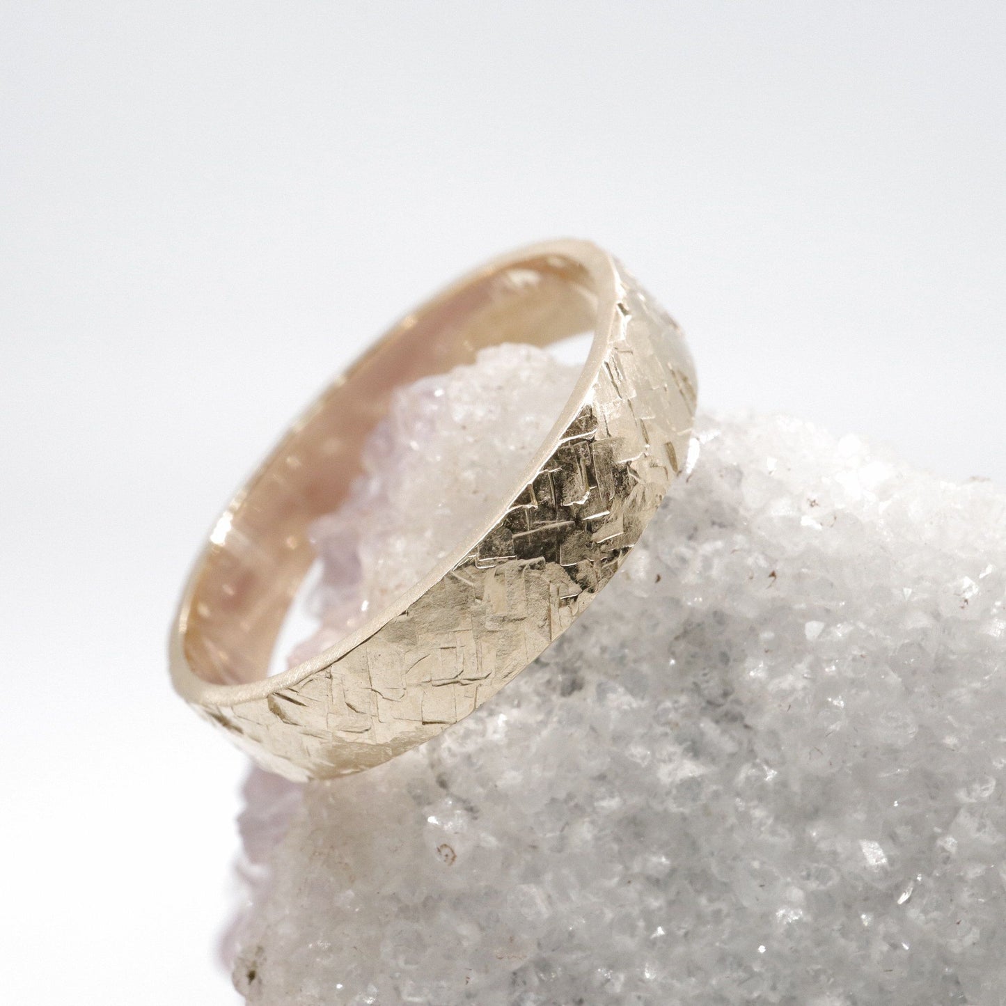Broad Yellow gold wedding ring, Kendal flat rustic hammered design