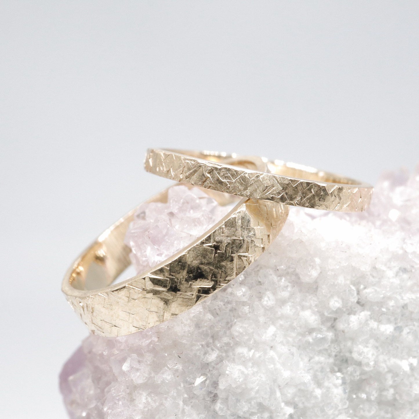 Matching Kendal gold design rustic hammered wedding ring set - flat textured men and womens rings.