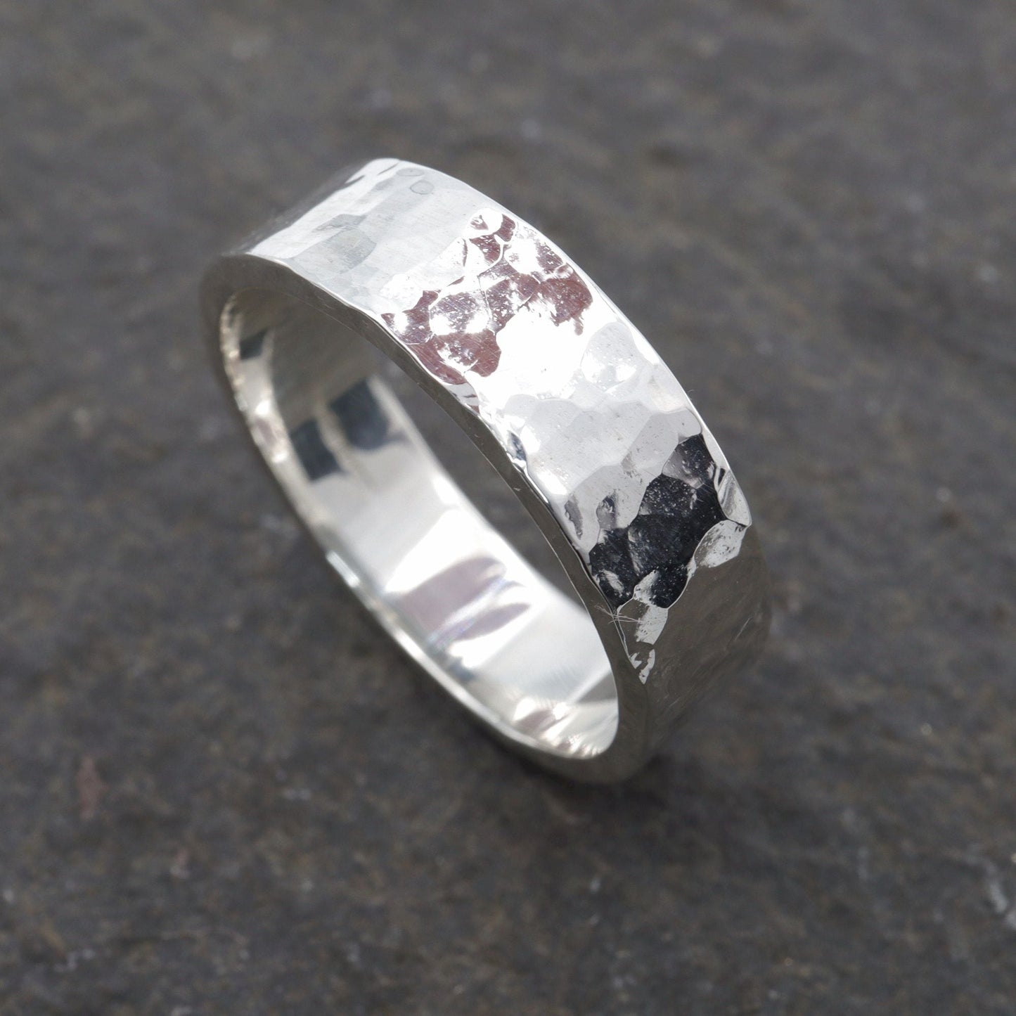 Silver hammered commitment, promise, engagement ring - flat textured wide band - Keswick design.